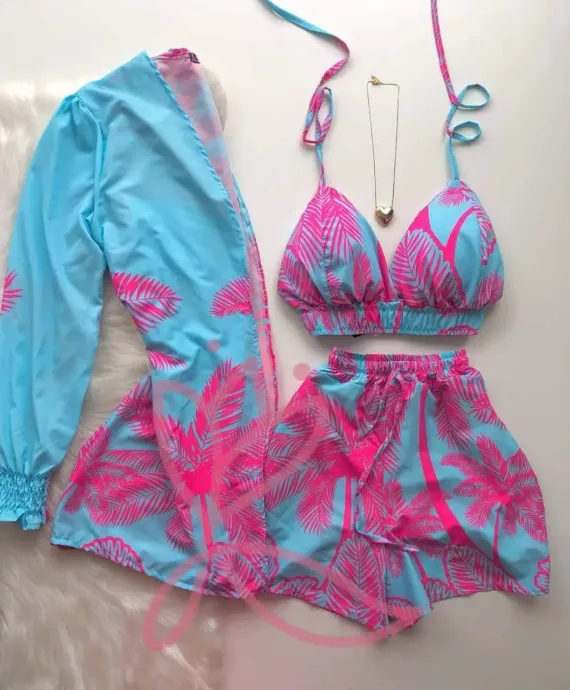 Conjunto Ada - kimono + Cropped + Shorts - Azul